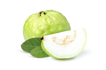 Guava fruits with green leaf and cut slice isolated on white background.