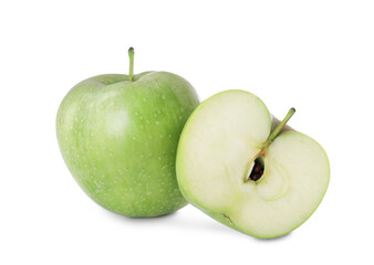 Whole and cut apples on white background