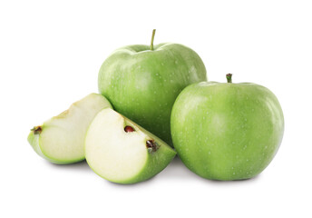 Whole and cut apples on white background