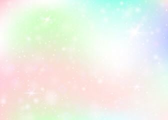 Holographic background with rainbow mesh. Cute universe banner in princess colors. Fantasy gradient backdrop with hologram. Holographic unicorn background with fairy sparkles, stars and blurs.
