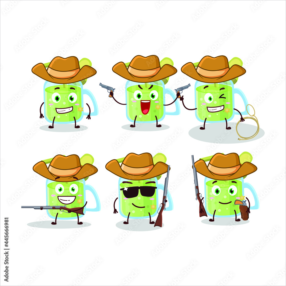 Sticker Cool cowboy avocado smoothie cartoon character with a cute hat. Vector illustration