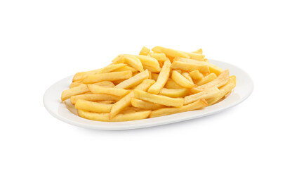Yummy golden French fries on white background