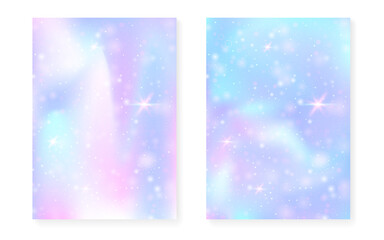 Magic background with princess rainbow gradient. Kawaii unicorn hologram.