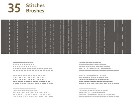Set of 35 stitches dash brushes + editable raw vector for road marking, technical drawing, fashion industry, border frame outline. Created using AI CS6.
