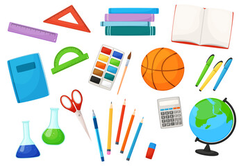 Set of school subjects in cartoon style. Collection of elements for study. Vector illustration isolated on white background.
