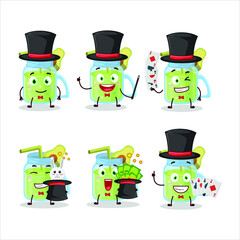 A avocado smoothie Magician cartoon character perform on a stage. Vector illustration