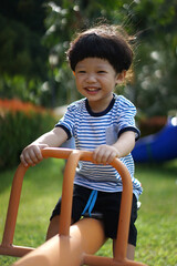 Happy little Asian boy having fun at the outdoor playground.