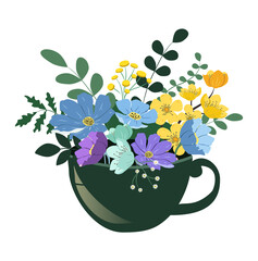 vector hand drawn illustration - flowers  in a cup for tea. a picture on the theme of summer, flowers, floristry. trend flat illustration for websites, applications, magazines