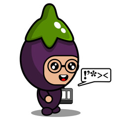 cute eggplant vegetable mascot costume cartoon character vector holding a book