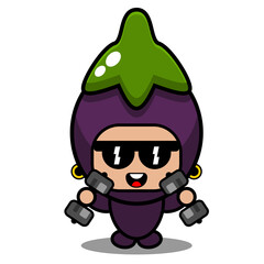 vector cartoon character cute eggplant vegetable mascot costume lifting a barbell