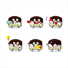 Chocolate cake cartoon character with various types of business emoticons. Vector illustration