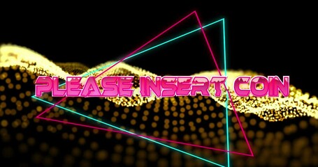 Animation of please insert coin text in metallic pink letters with triangles over yellow mesh