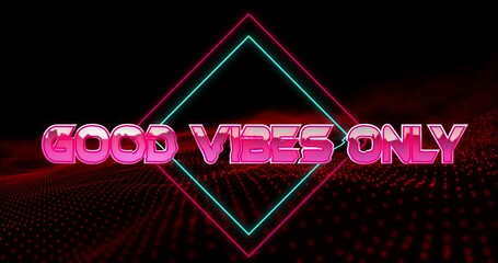 Animation of good vibes only text in metallic pink letters with diamonds over mesh - Powered by Adobe