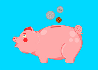 Cute vector illustration of a children's piggy bank with coins. Isolated on a blue background. Friendly pig toy.