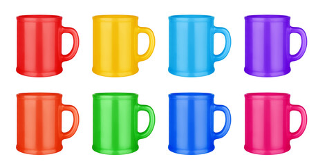 Colorful ceramic cups set white background isolated closeup, color coffee mugs with handle, blank drinking glasses, empty tea cup, beverage, ceramics, porcelain kitchen utensil, mug mockup, template
