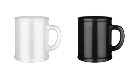 Black and white ceramic cups set white background isolated closeup, 2 mugs with handle, blank drinking glasses, beverage, ceramics, porcelain kitchen utensil, empty tea cup mockup, coffee mug template