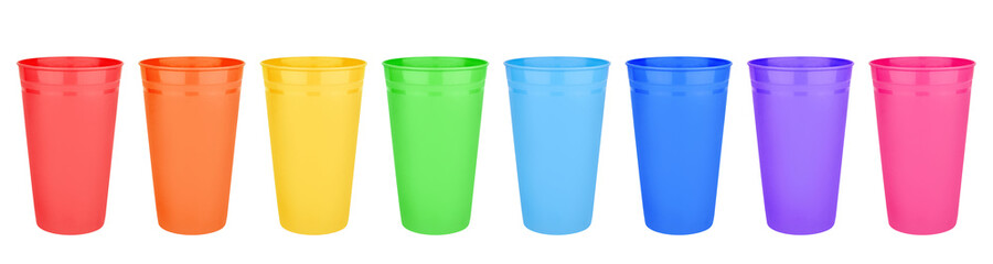 Colorful empty plastic cups set isolated white closeup, color blank drinking glasses, beverage,...