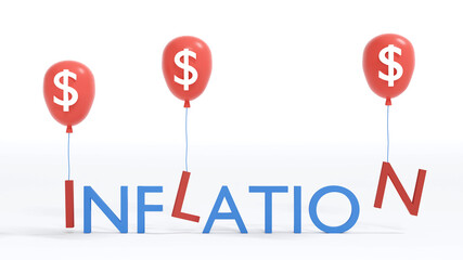 3D Rendering concept of money inflation text. Word "INFLATION" with balloons taking "I,L,N" up on white background and space for text for financial commercial background. 3D Render. 3D illustration.