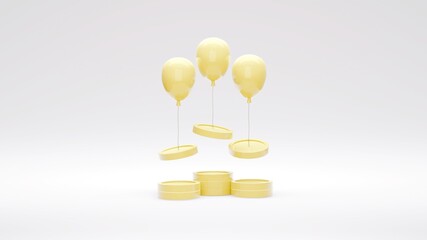 3D Rendering concept of money inflation, expenses, payments. Yellow coins are raised up by balloons isolated on background. 3D Render. 3D illustration.