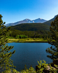 landscape with mountains, hills, trees, and a lake during the summer in colorado