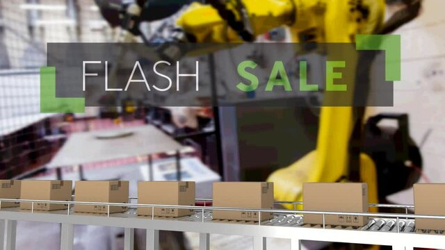Animation of flash sale text over cardboard boxes on conveyor belt in warehouse