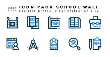 Icon Set of School Wall  Two Color Icons. Contains such Icons as Briefcase, Online Class, Divider, Mobile Video Chat etc. Editable Stroke. 32 x 32 Pixel Perfect