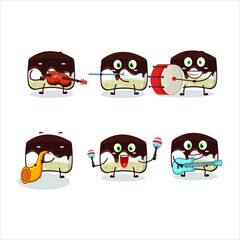 Cartoon character of chocolate cake playing some musical instruments. Vector illustration