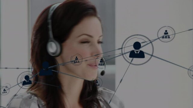 Animation of network of connections and icons over businesswoman wearing phone headset