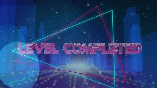 Animation of level completed text in metallic pink letters over cityscape and grid