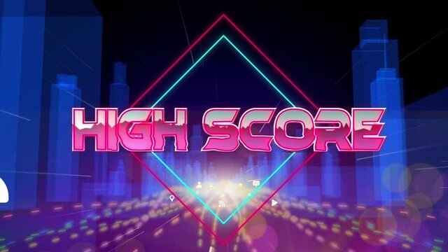 Animation of high score text in metallic pink letters over cityscape and grid