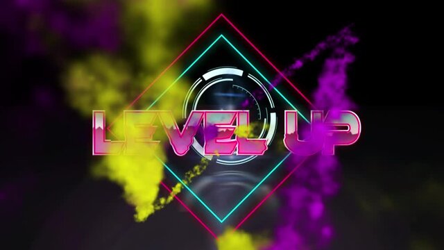 Animation of level up text in metallic pink letters with neon pattern