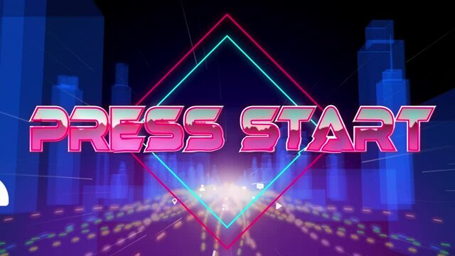 Animation of press start text in metallic pink letters over cityscape and grid