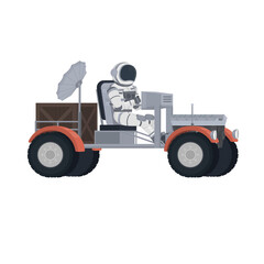 Astronaut on the lunar rover. Space transport, vector illustration
