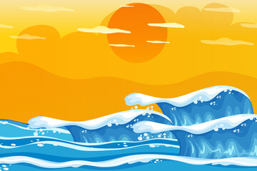sea waves and sun, abstract of ocean waves with sun on yellow background