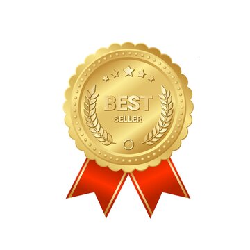 Vector illustration, Golden best seller badge with red ribbon, isolated on white background.