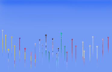 Multicolored vertical lines on a blue background. Fireworks in the sky.