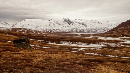 Cold snowy winter landscapes on the Arctic Circle Trail hiking path between Sisimiut and Kangerlussuaq in Greenland.