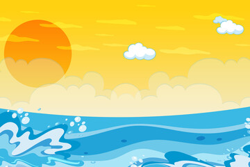 Fototapeta na wymiar illustration of a landscape, abstract of ocean waves with cloud and sun on yellow background