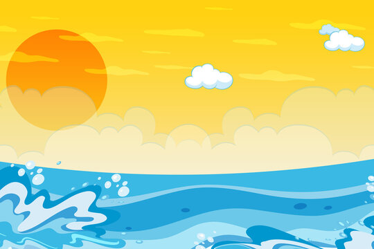 illustration of a landscape, abstract of ocean waves with cloud and sun on yellow background
