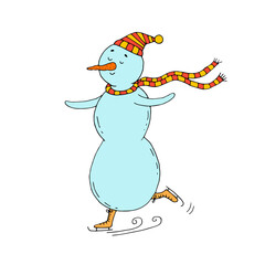 A cheerful snowman in a hat and a scarf is skating. Winter fun. Rink. Christmas Holidays. Vector. Doodle. Hand-drawn illustration.