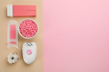 Set of epilation products on color background, flat lay. Space for text