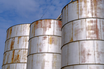 The tops of metal bins at a grain elevator in southeastern Washington, USA