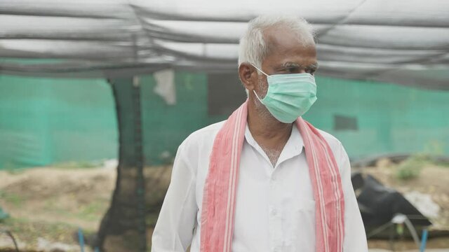 Medium close up shot of worried Indian farmer with face mask looking around the Greenhouse or poly house after coronavirus covid-19 lockdown open