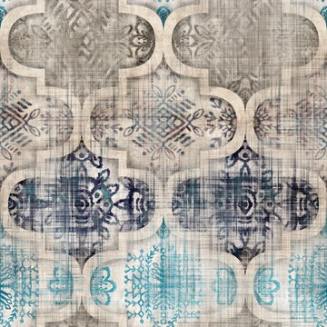Seamless Moroccan inspired highly textured pattern for surface print. High quality illustration. Stylized chic ornate ogee or quatrefoil pattern. Luxury ornamental oriental symmetric shape repeat.