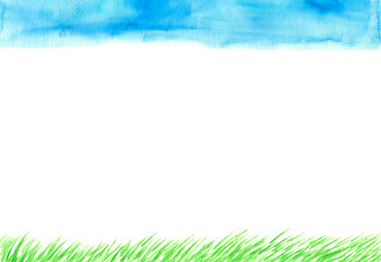 水彩の背景素材　青い空と緑の草原