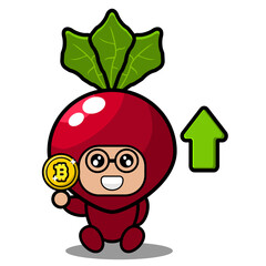 Vector cartoon character cute radish vegetable mascot costume mining bitcoin business