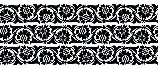 Seamless black and white vintage floral border