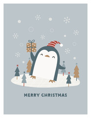 Christmas  greeting card design with cute little penguin, trees, and snowflakes in modern neutral colors.