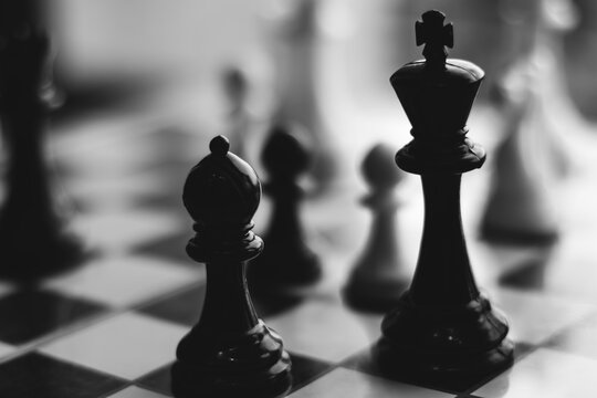 Chess board game. Black and white image. Chess is considered very good for the brain.