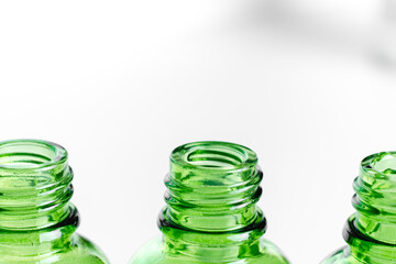 Dropper glass bottles with pipette. Transparent hyaluronic natural beauty product and eco serum skin care concept. Top horizontal view copyspace.